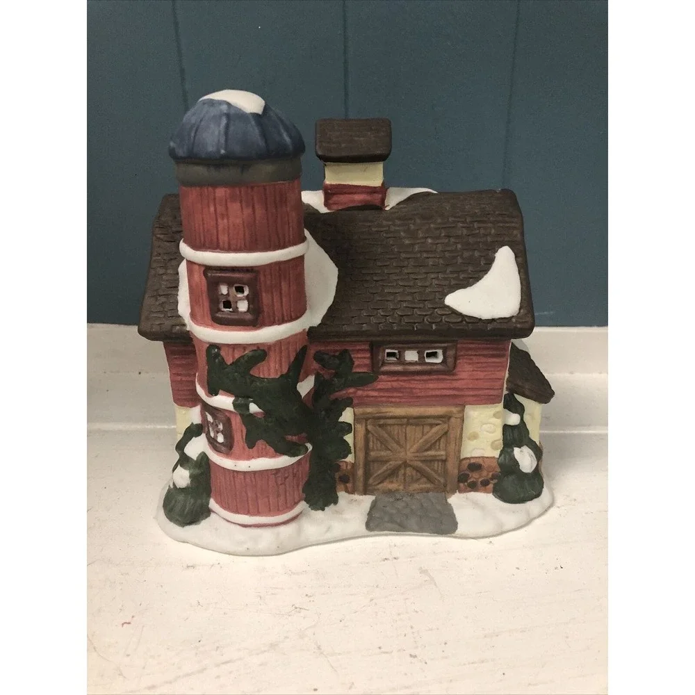 Ceramic Christmas Village Small Barn with Red Silo Snowy Accents 6.5